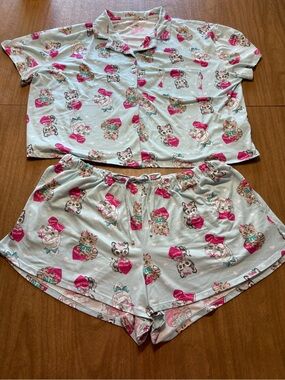Celebrate It Mint Short Pajama Set with Pink Cat Hearts